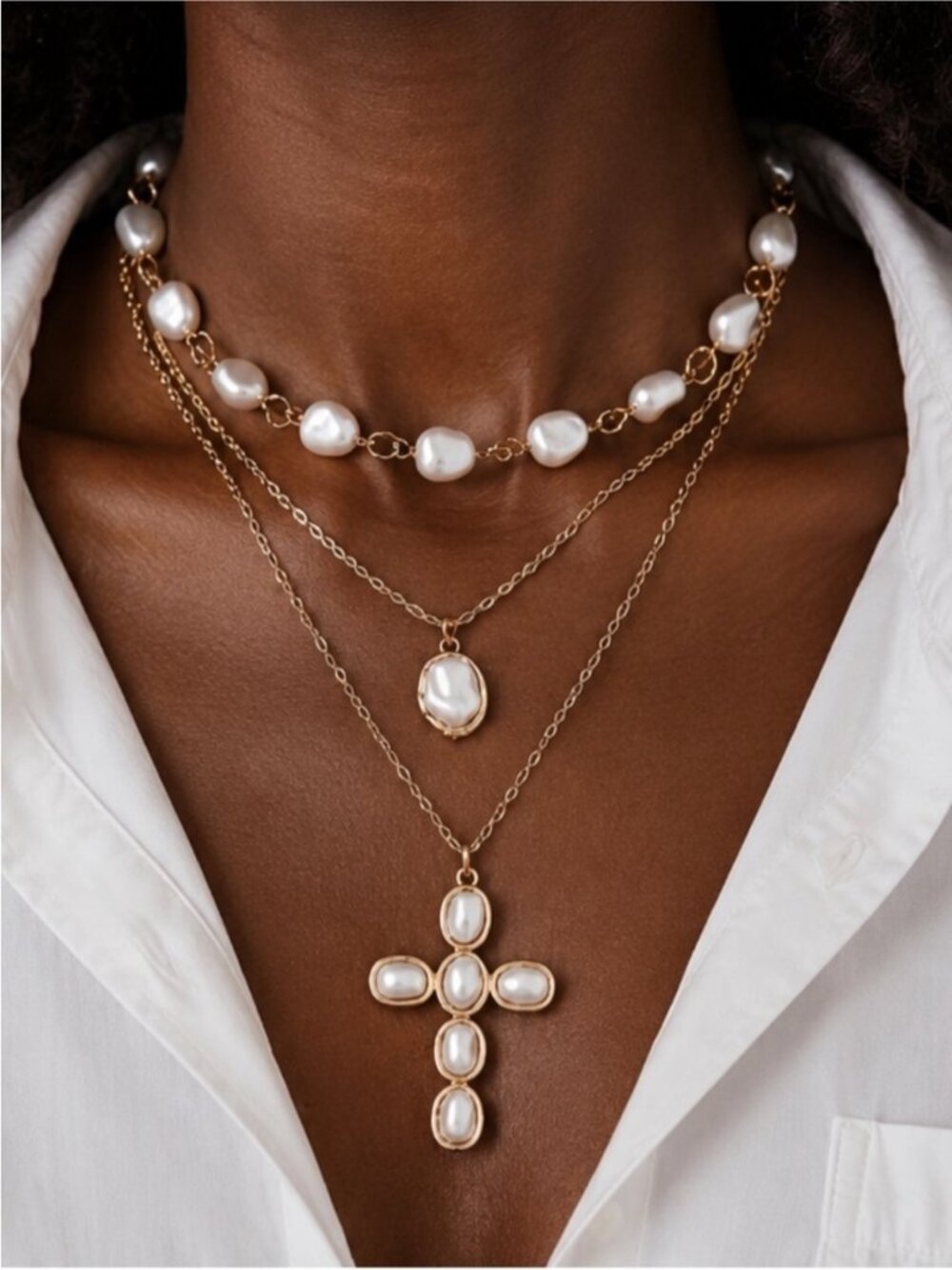 New! Preppy Classic Gold Pearl Bead Cross Necklace Stack Set NWOT 5036